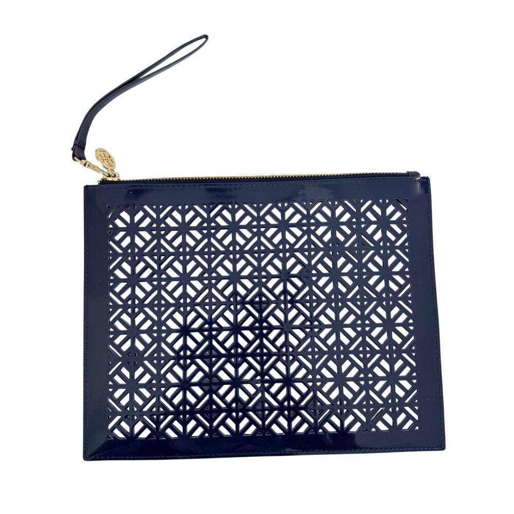 Tory Burch Laser-Cut Wristlet Pouch Limited Edition Navy Blue PVC